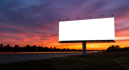 A blank white billboard for advertising mockups stands beside a highway during a vibrant sunset.
