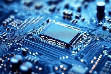 Close-up of a circuit board with a central chip (14)