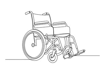 Vector art of a continuous line drawing of a wheelchair, isolated on white background, symbolizing mobility and assistance for people with disabilities