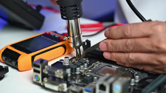 Computer technician in gloves safely repairing desktop hardware. Closeup view of hands fixing GPU and motherboard inside open PC case. Perfect for tech