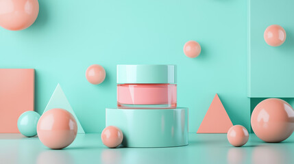 A horizontal cosmetic mockup, centered on a pastel turquoise surface.