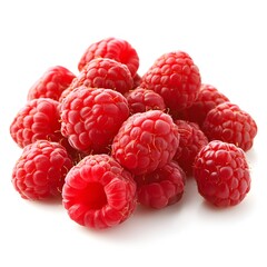 Fresh red raspberries piled together on a white background