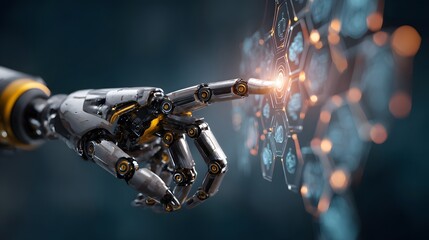 A metallic robot arm interacts with a digital interface displaying medical data.