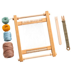 frame of yarn and needles