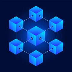 3D isometric gradient blockchain cube connection with node bitcoin link icon. Virtual futuristic cryptocurrency trade. 3D neon crypto currency block network system for financial tech with glow effect.