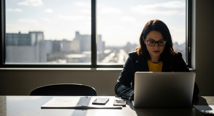 Fototapeta na wymiar Professional businesswoman working on laptop at office desk with city view, showcasing corporate success and modern technology