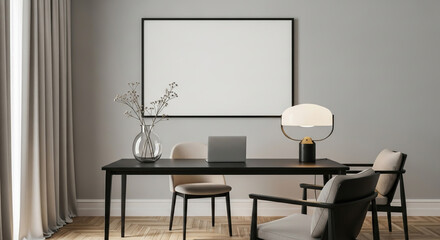 Stylish home office interior with blank frame mockup, desk, chairs, lamp, and vase, creating a modern and minimalist workspace