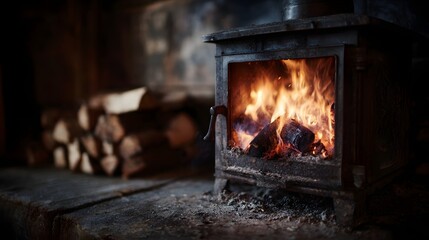Blazing fire burning in a traditional wood stove in a rustic cabin