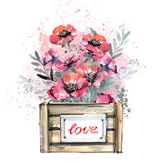 Bouquet of poppies, painted in watercolor in a wooden box on a white background. Bouquet of flowers, red poppies in a box, hand-drawn illustration