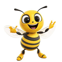 Happy cartoon bee character cheerful yellow black stripes big eyes welcoming gesture, isolated on a transparent background