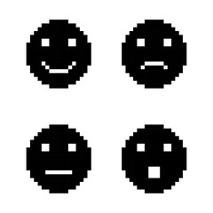 Obraz premium Pixel emoticons, Pixel art black emoji faces with different expressions, 8-Bit Smileys Set, Retro Emotion Icons, Pixelated Facial Expression Graphics, Pixel art.
