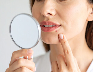 Kobieta oglądająca pryszcz w lustrze