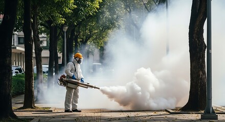 Pest Control Worker in Protective Suit Spraying Insecticide in Urban Area to Control Mosquitoes