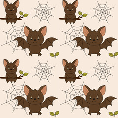 Obraz premium Seamless vector pattern with cute bats, spider webs, and leaves on a light background, perfect for Halloween decoration, textiles, and kids’ designs.