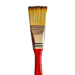 Red handled paintbrush with golden bristles on black background art supplies painting tool, isolated on a transparent background