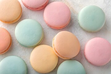 Obraz premium Pastel Macarons Arranged on a Textured Surface french macarons pastel colors