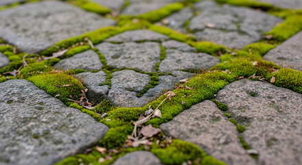 Closeup of green moss growing in the cracks of an old stone pathway, highlighting natural textures and patterns
