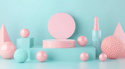 A horizontal cosmetic mockup, centered on a pastel turquoise surface. 