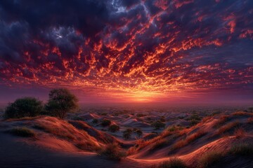 Fiery Sunset Over Sand Dunes A Dramatic Sky Painted with Warm Hues and Gentle Undulations