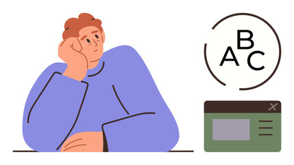 Person resting head on hand in a thoughtful pose, surrounded by circular letters and a browser window. Ideal for education, creativity, literacy, online learning, writing, contemplation, simple