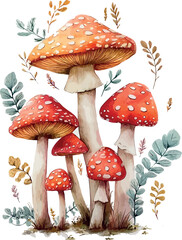 Delicate watercolor composition of a mushroom decorated with blooming floral accents - vector illustration