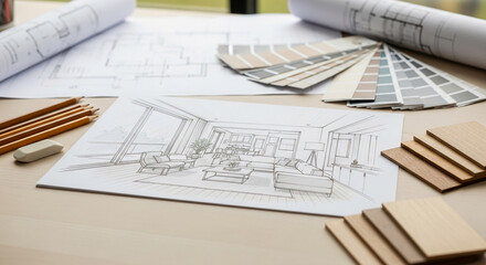 Sketch of modern living room design, color palette samples, and architectural blueprints, showcasing interior design process, planning, and visualization