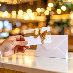 リボンが付いたギフトカードを持つ手