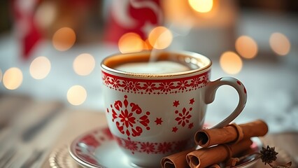 Obraz premium Turkish coffee with festive motifs and cinnamon sticks, evoking ceremonial warmth.
