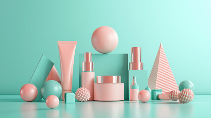 A horizontal cosmetic mockup, centered on a pastel turquoise surface. 