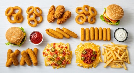 Fast Food Spread with Onion Rings, Chicken, Nachos, Fries, and Burgers