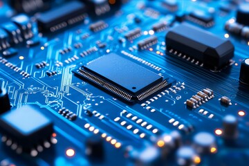 Close-up of a circuit board with a central chip (18)