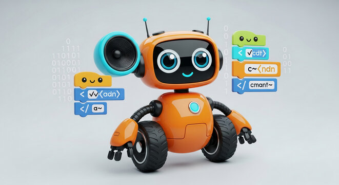 Orange toy robot with blue speaker, coding blocks, and binary code nearby, showcasing child-friendly technology and programming concepts