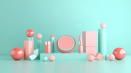 A horizontal cosmetic mockup, centered on a pastel turquoise surface. 