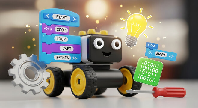 Friendly robot toy with colorful coding blocks, gear, and screwdriver, symbolizing STEM education, programming, and playful learning
