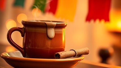 Steaming clay mug with Mexican hot chocolate, cinnamon stick on saucer, soft bokeh of papel picado banners.