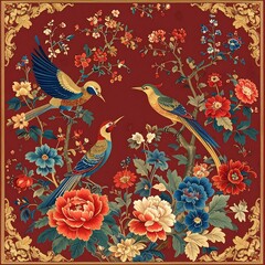 Obraz premium Birds and blossoms on a dark red background, ornate golden border