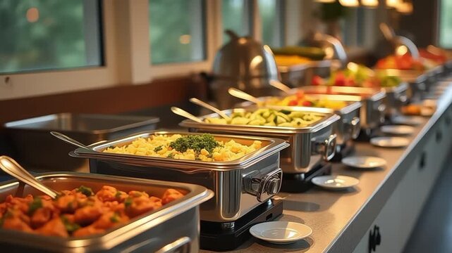 Delicious buffet line featuring a variety of hot dishes and fresh salads at a restaurant