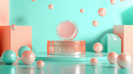 A horizontal cosmetic mockup, centered on a pastel turquoise surface.
