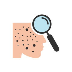 Skin Examination: An illustration of a face, partially affected by skin blemishes, is being examined closely with a magnifying glass.