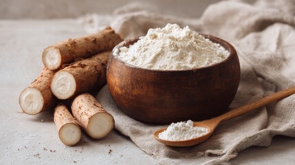 Fototapeta premium Minimalist natural cassava flour setup, perfect for recipe content