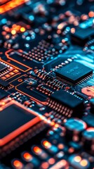 Close-up of a circuit board with illuminated components