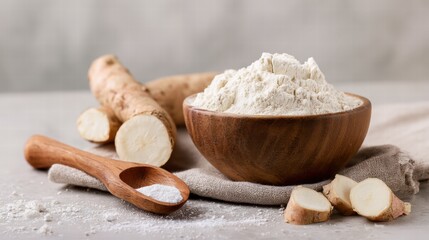 Fototapeta premium Minimalist natural cassava flour setup, perfect for recipe content