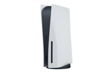 Next-gen white game console standing upright on transparent background