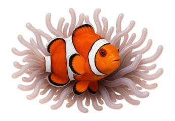 Clownfish with bright orange and white bands nestled within anemone tentacles
