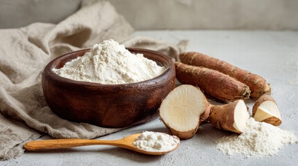 Fototapeta premium Rustic cassava flour scene for healthy, gluten-free inspiration.