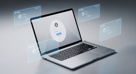 Laptop displaying login screen with translucent interface elements, showcasing online security or digital access concept