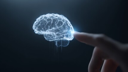 Human finger touching digital brain network on dark background conceptually depicted.
