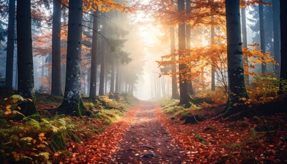 秋の紅葉と霧に包まれた幻想的な森の小道の風景

