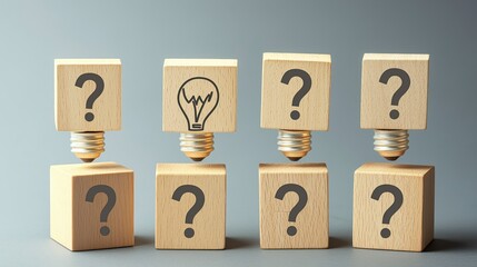 Wooden blocks with question marks and light bulb icons on a gray background, symbolizing ideas, creative thinking, and innovation in a business office setting.
