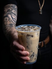 Barista holding iced coffee in plastic cup with creamy swirl and ice cubes.